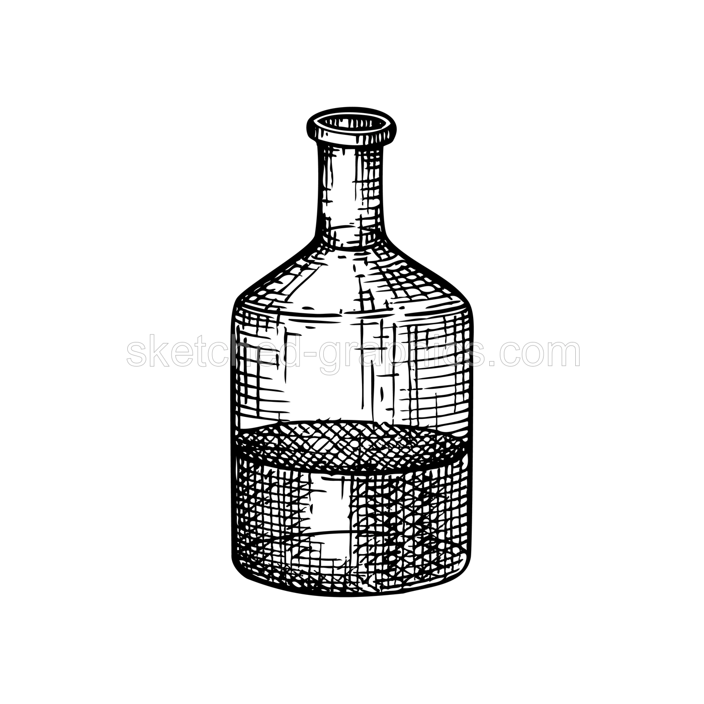 Chemical laboratory equipment sketch. Hand drawn glass bottle with liquid illustration. Glassware drawing for alchemy, medicine, cosmetics, or perfume. Alchemy laboratory equipment sketch.  Illustration